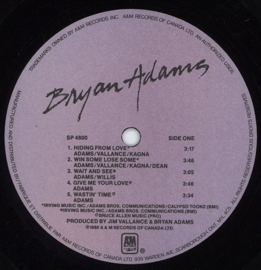 Bryan Adams Bryan Adams Canadian Vinyl LP — RareVinyl.com