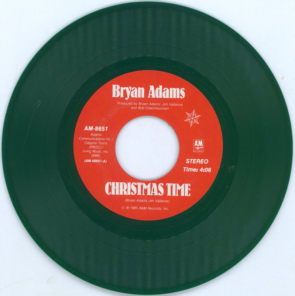 Bryan Adams Christmas Time - Green US 7" vinyl single (7 inch record / 45) ADA07CH31059