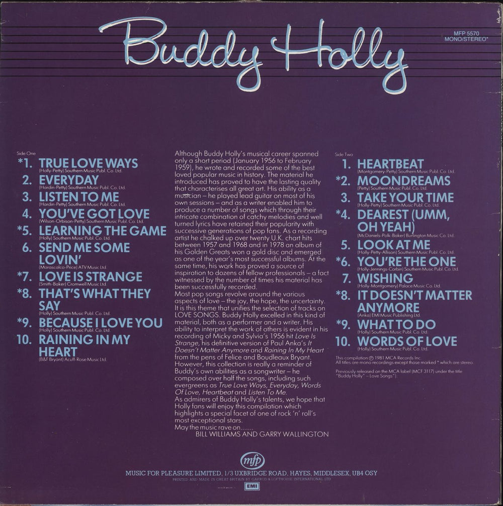 Buddy Holly 20 Love Songs UK vinyl LP album (LP record)