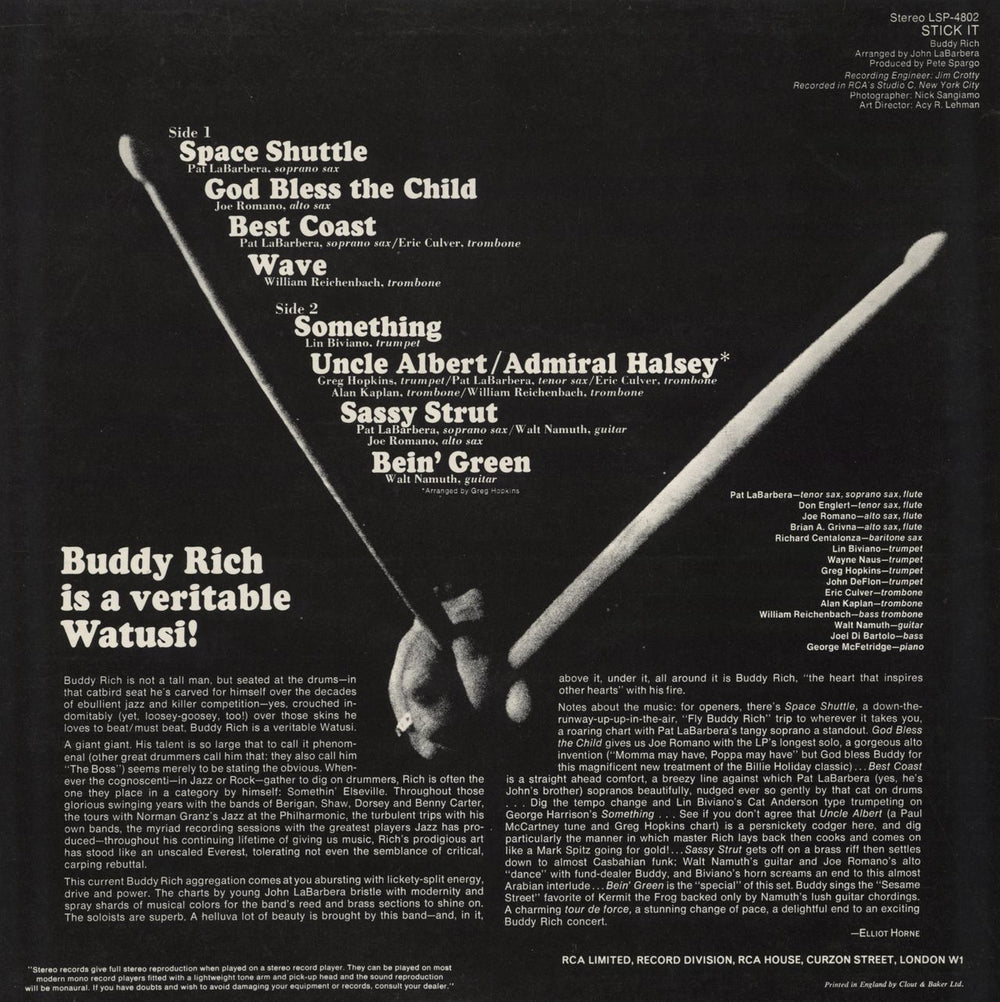 Buddy Rich Stick It UK vinyl LP album (LP record)