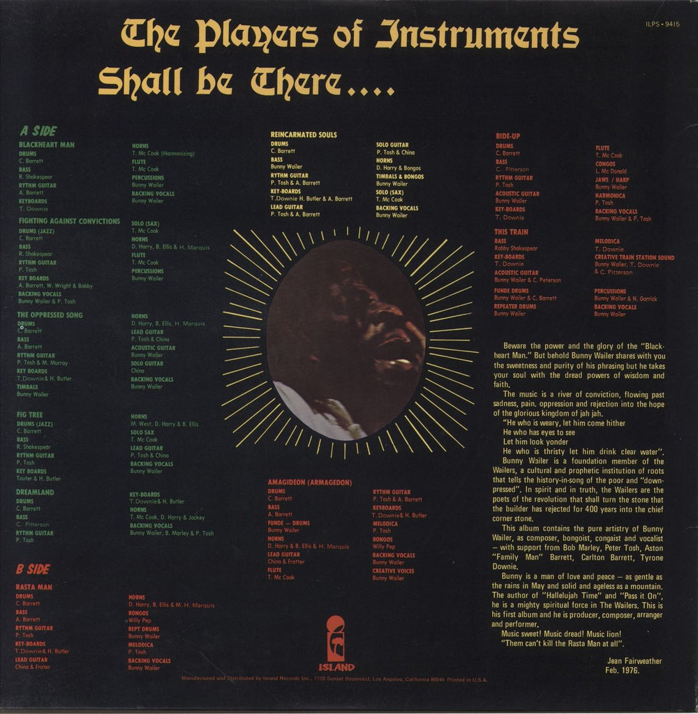 Bunny Wailer Blackheart Man - 1st - EX US vinyl LP album (LP record)