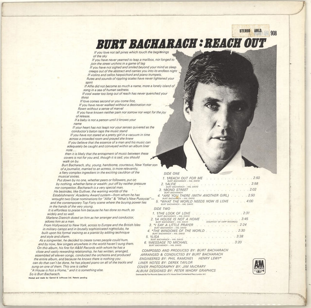 Burt Bacharach Reach Out UK vinyl LP album (LP record)