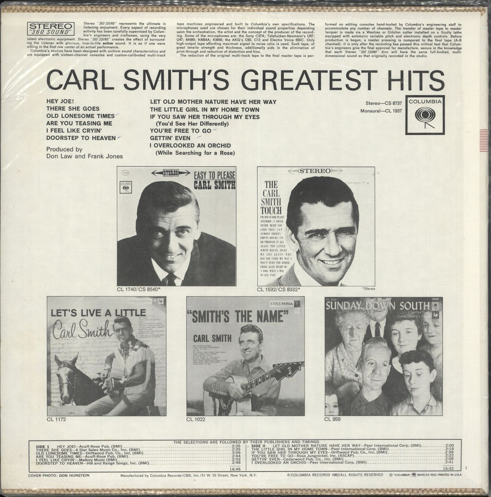 Carl Smith Carl Smith's Greatest Hits US vinyl LP album (LP record)