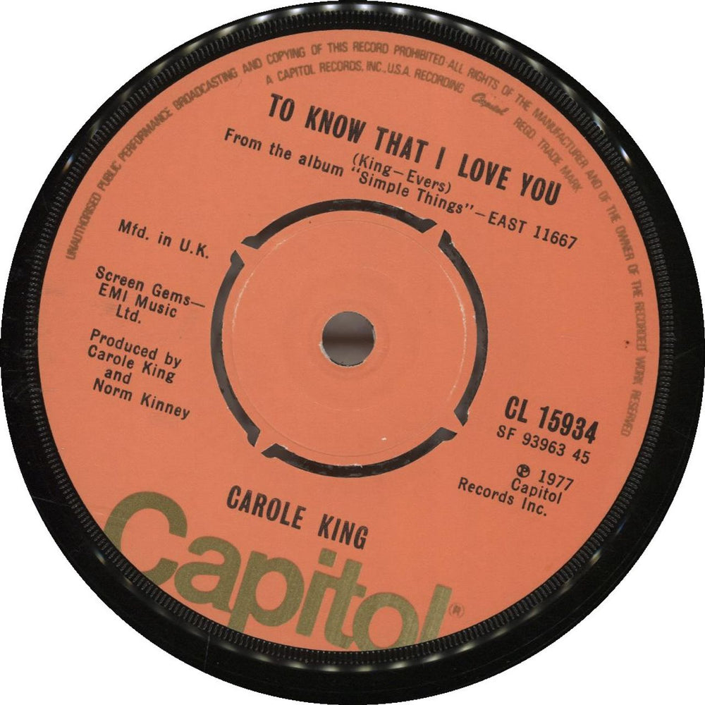 Carole King Hard Rock Cafe UK 7" vinyl single (7 inch record / 45) CL15934