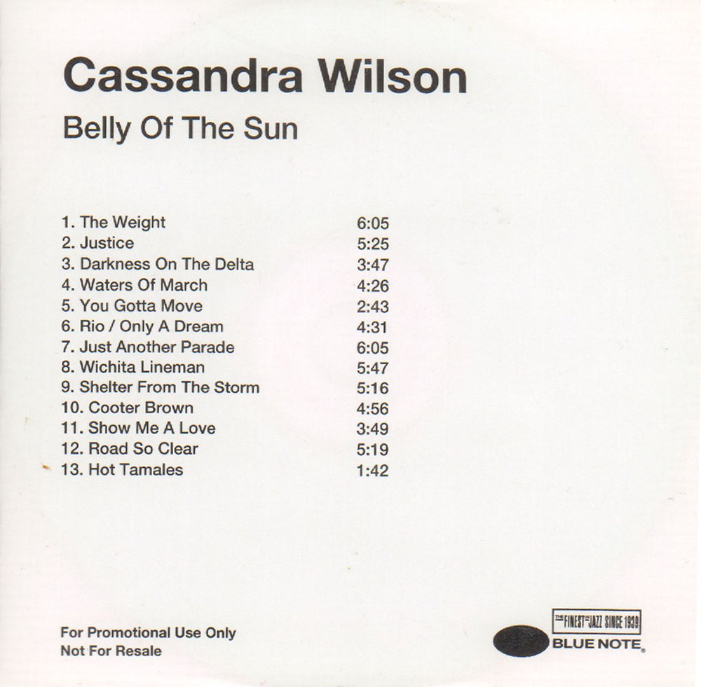 Cassandra Wilson Belly Of The Sun UK Promo CD-R acetate CD-R