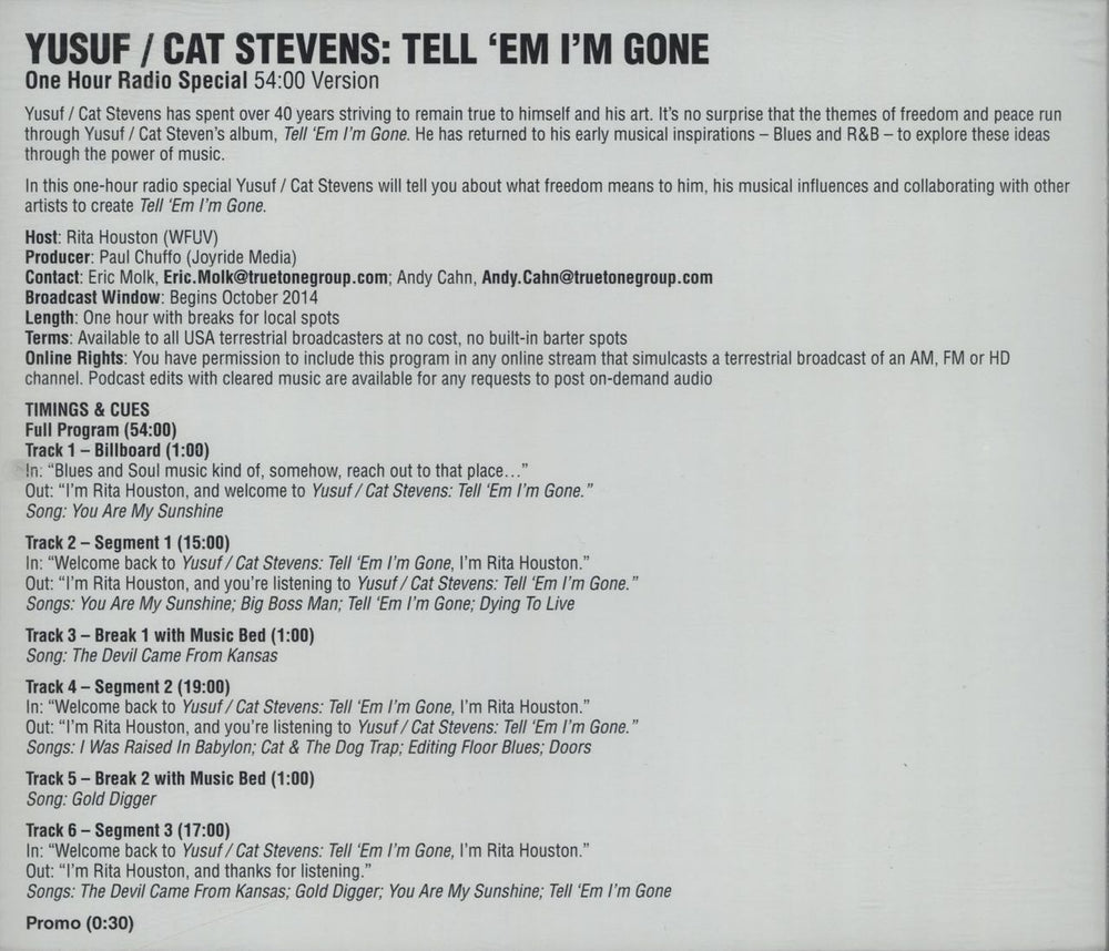 Cat Stevens Tell 'Em I'm Gone - One Hour Radio Special 54:00 Version US Promo CD-R acetate CTVCRTE664359