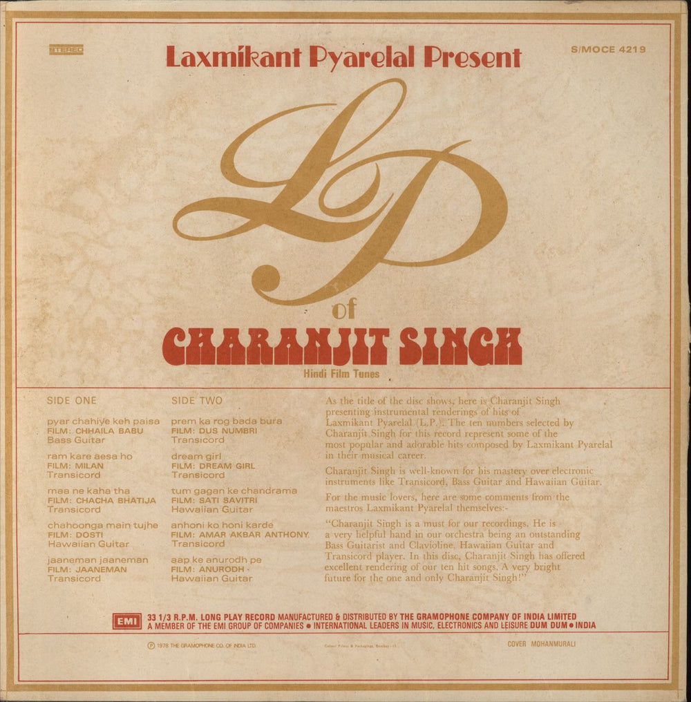 Charanjit Singh Laxmikant Pyarelal Present LP Of Charanjit Singh Hindi Film Songs Indian vinyl LP album (LP record)