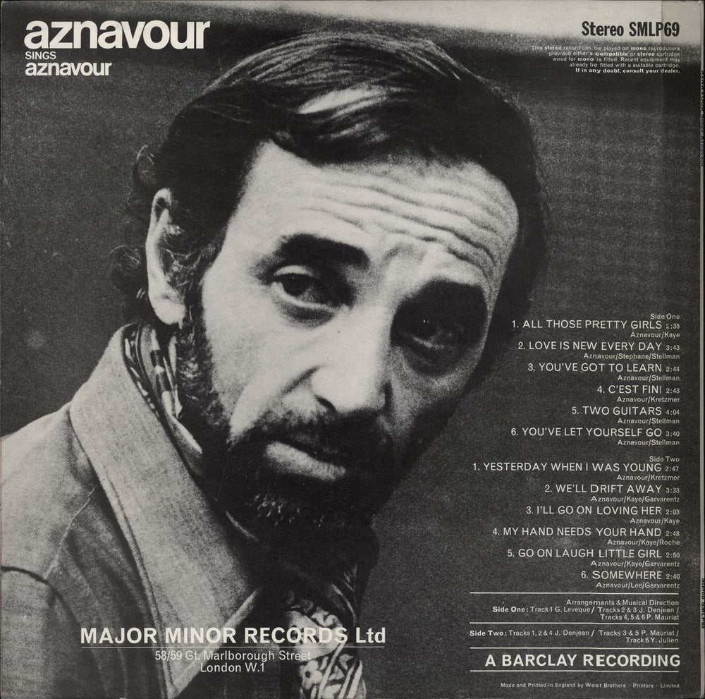 Charles Aznavour Aznavour Sings Aznavour UK vinyl LP album (LP record)