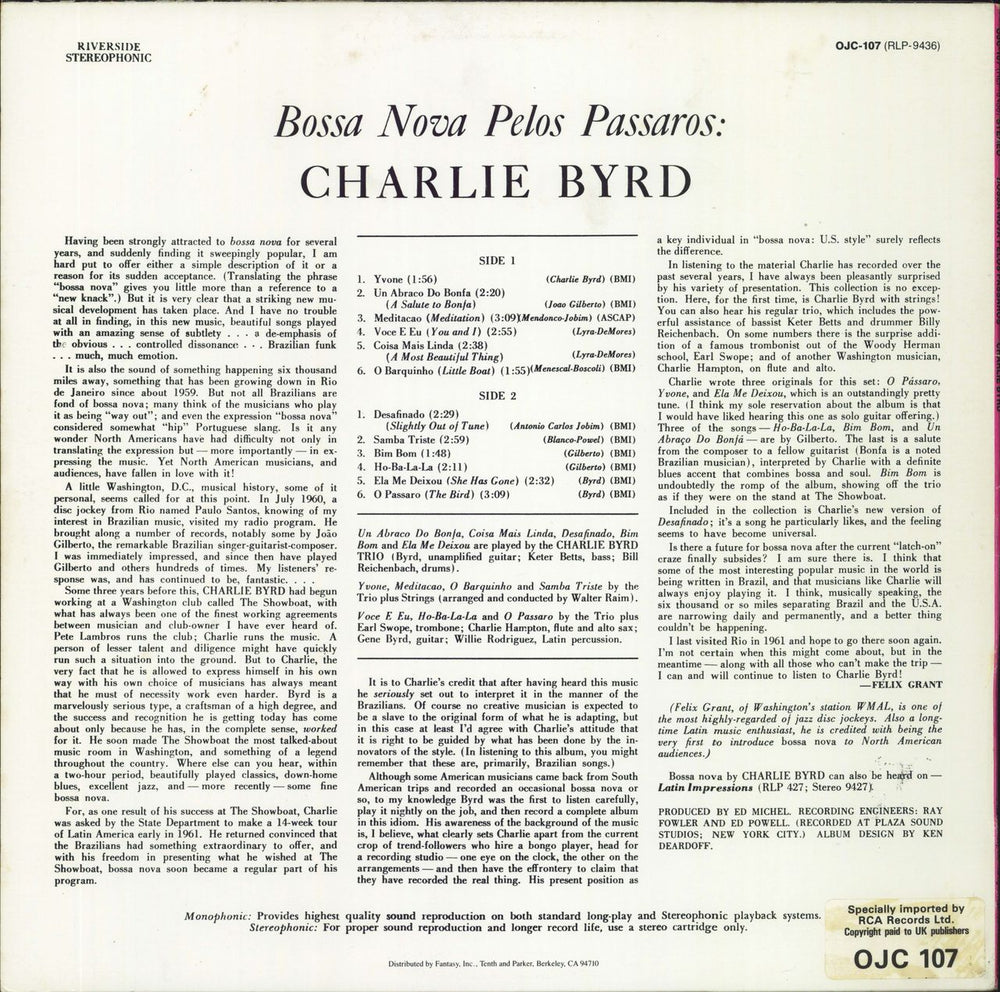 Charlie Byrd Bossa Nova Pelos Passaros US vinyl LP album (LP record)