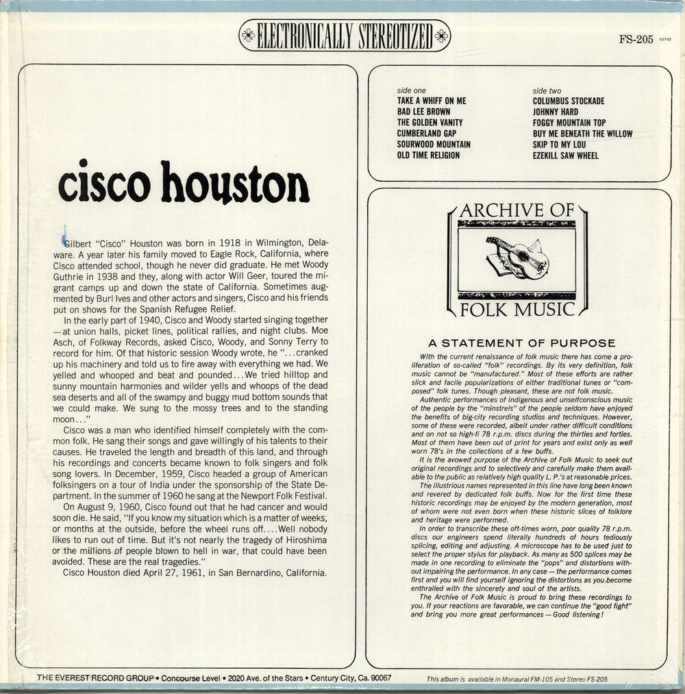 Cisco Houston Cisco Houston US vinyl LP album (LP record)