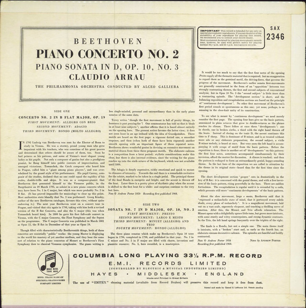 Claudio Arrau Beethoven: Piano Concerto No. 2 / Piano Sonata In D. Op. 10, No. 3 UK vinyl LP album (LP record)