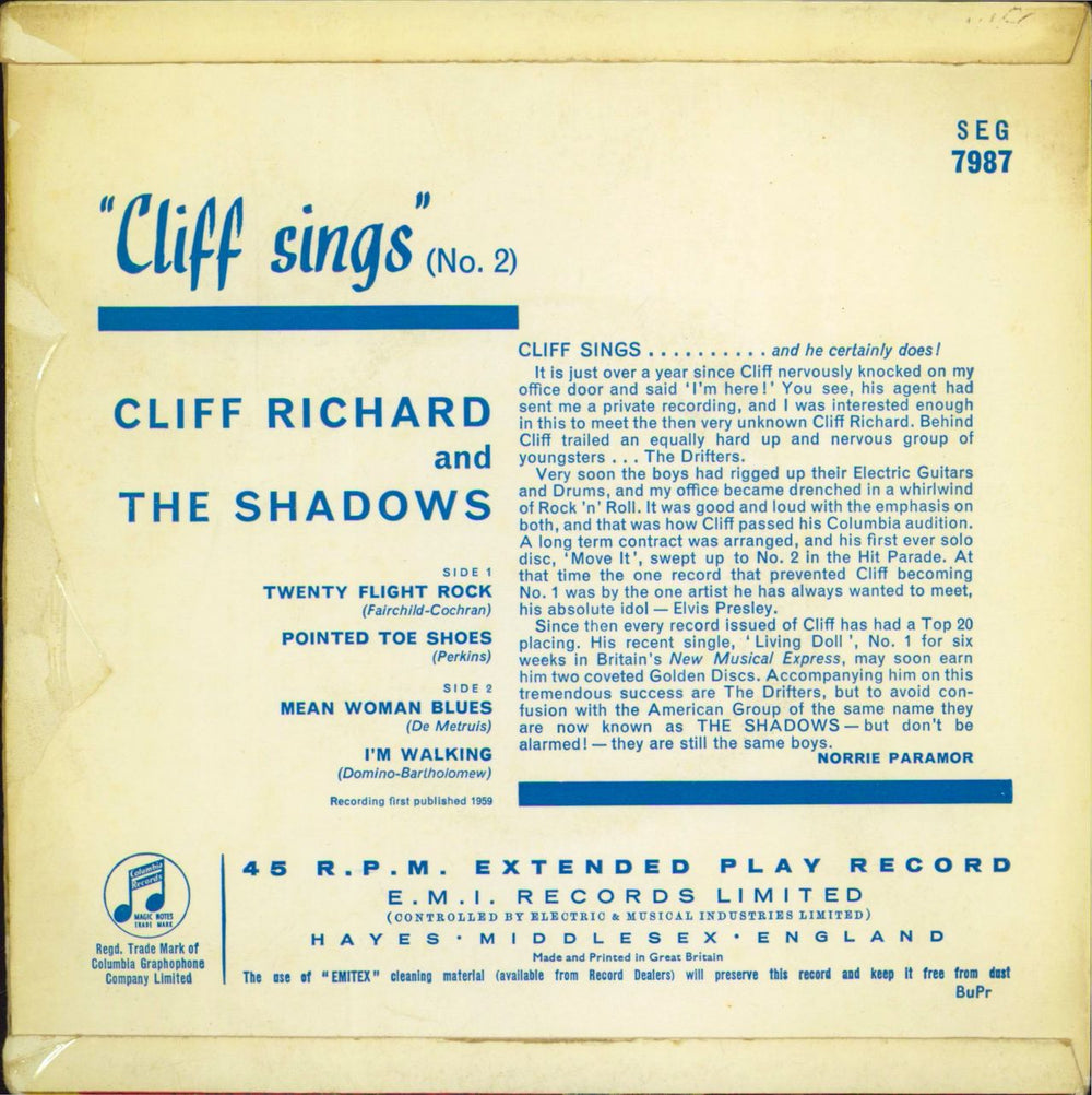 Cliff Richard Cliff Sings No.2 UK 7" vinyl single (7 inch record / 45)