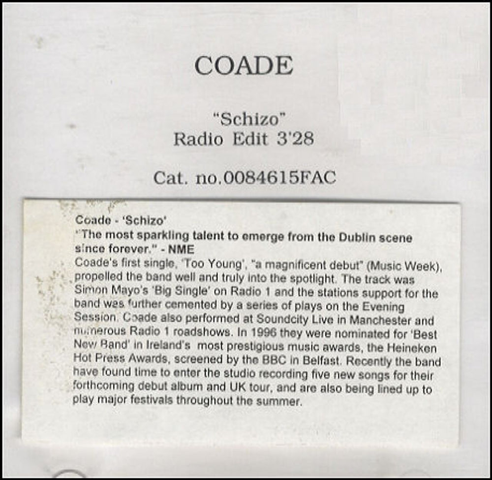 Coade Schizo UK Promo CD-R acetate CD ACETATE