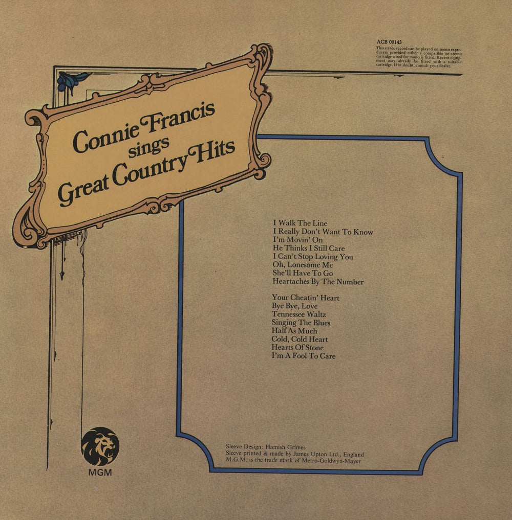 Connie Francis Sings Great Country Hits UK vinyl LP album (LP record)