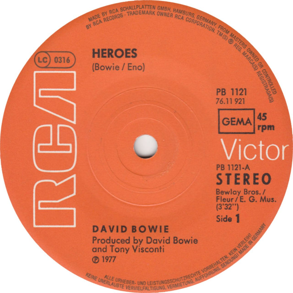 David Bowie Heroes + p/s German 7" vinyl single (7 inch record / 45) BOW07HE698733