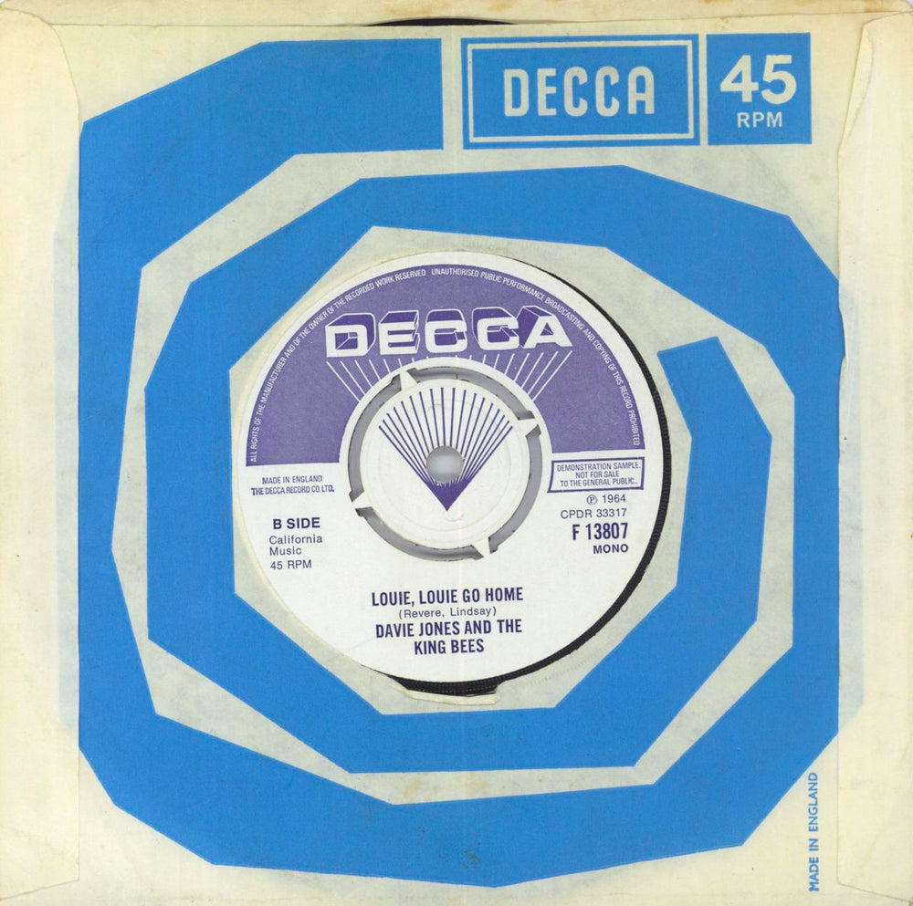 Davie Jones & The Kingbees Liza Jane - Demonstration Sample EX UK Promo 7" vinyl single (7 inch record / 45)