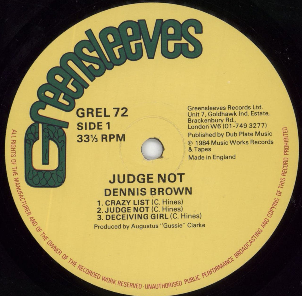 Dennis Brown Judge Not UK 12" vinyl single (12 inch record / Maxi-single) GREL72