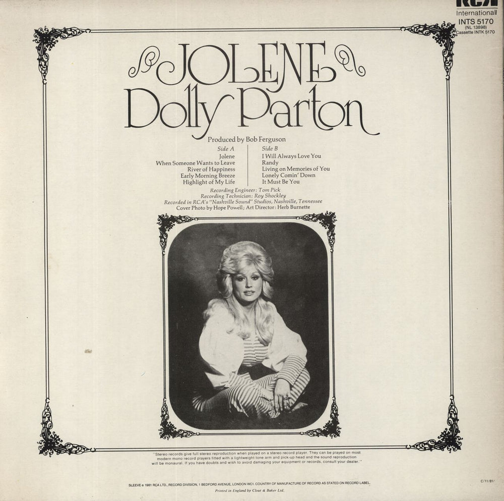 Dolly Parton Jolene UK vinyl LP album (LP record)