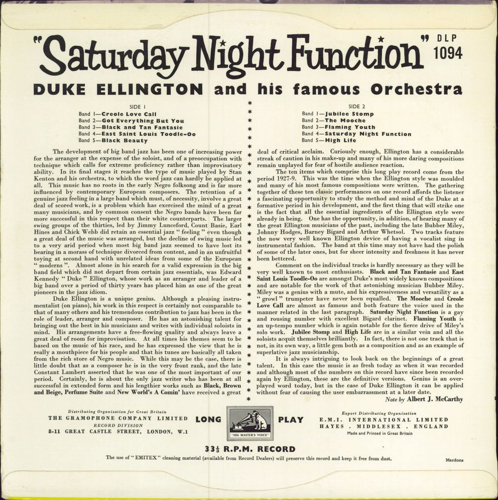 Duke Ellington Saturday Night Function UK 10" vinyl single (10 inch record) DA310SA781161