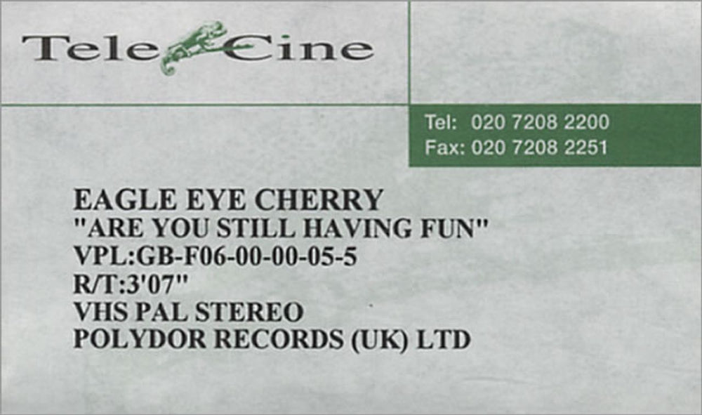 Eagle Eye Cherry Are You Still Having Fun UK Promo video (VHS or PAL or NTSC) PROMO VIDEO