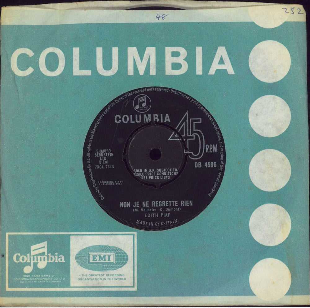 Edith Piaf Non, Je Ne Regrette Rien - 2nd UK 7" vinyl single (7 inch record / 45) DB4596