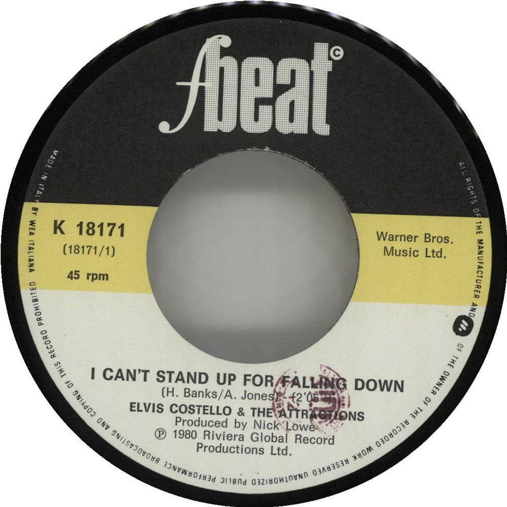 Elvis Costello I Can't Stand Up For Falling Down Italian 7" vinyl single (7 inch record / 45) COS07IC183487