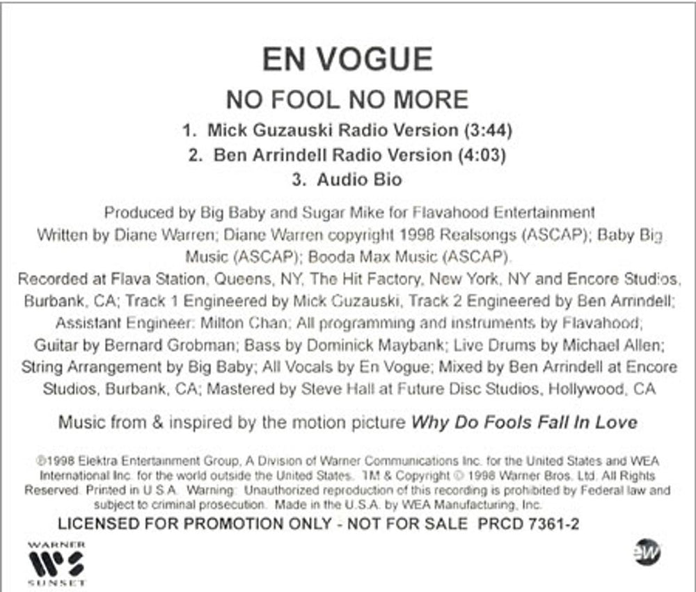 En Vogue No Fool No More US Promo CD single (CD5 / 5") PRCD7361-2