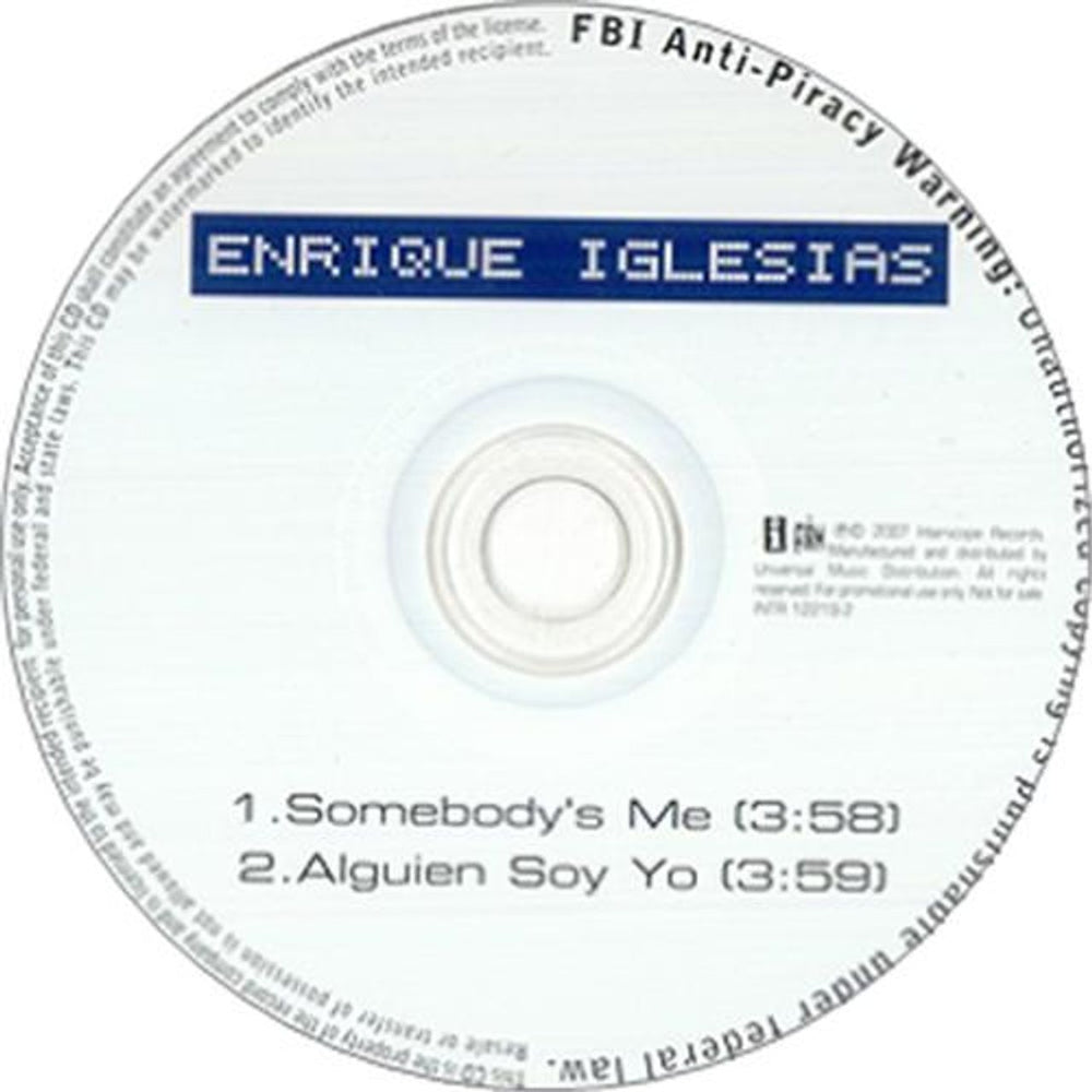 Enrique Iglesias Somebody's Me US Promo CD single (CD5 / 5") INTR12219-2