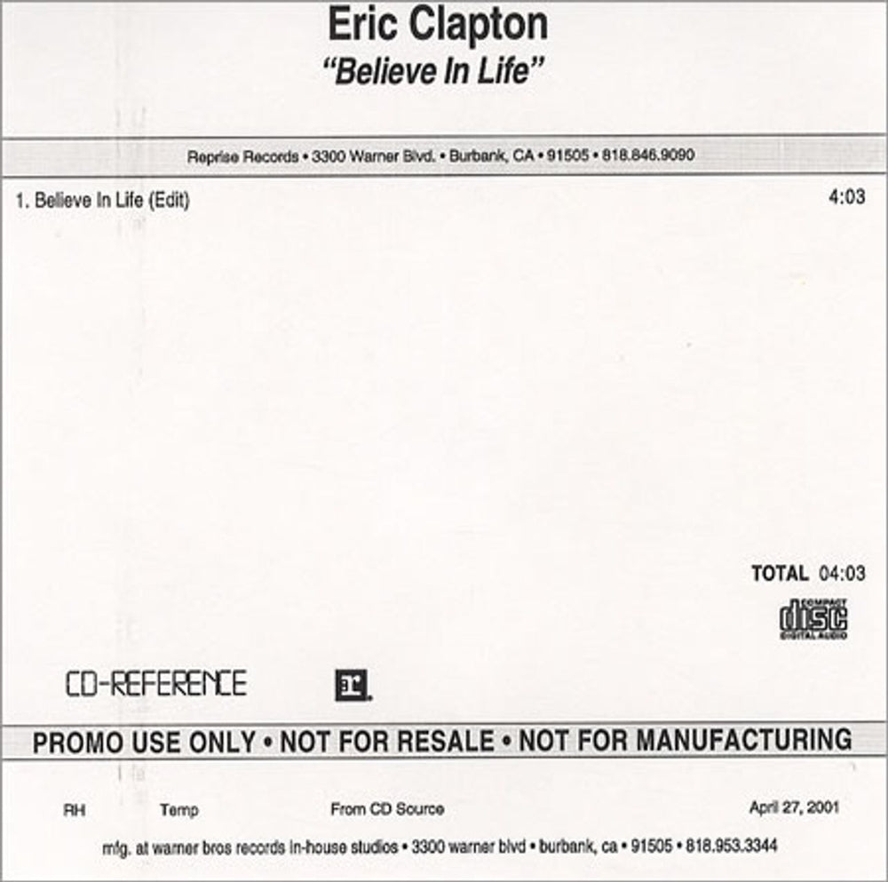 Eric Clapton Believe In Life US Promo CD-R acetate CDR ACETATE