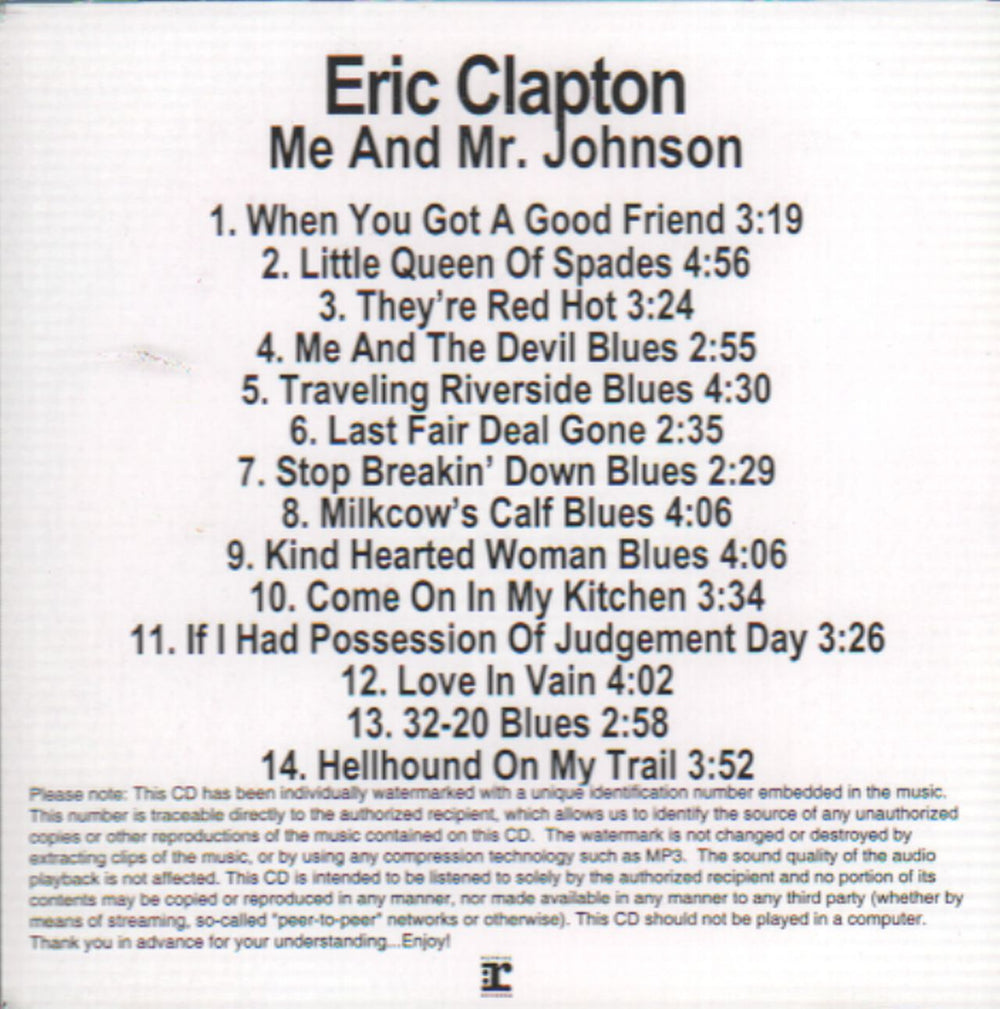 Eric Clapton Me And Mr Johnson US Promo CD-R acetate CD-R