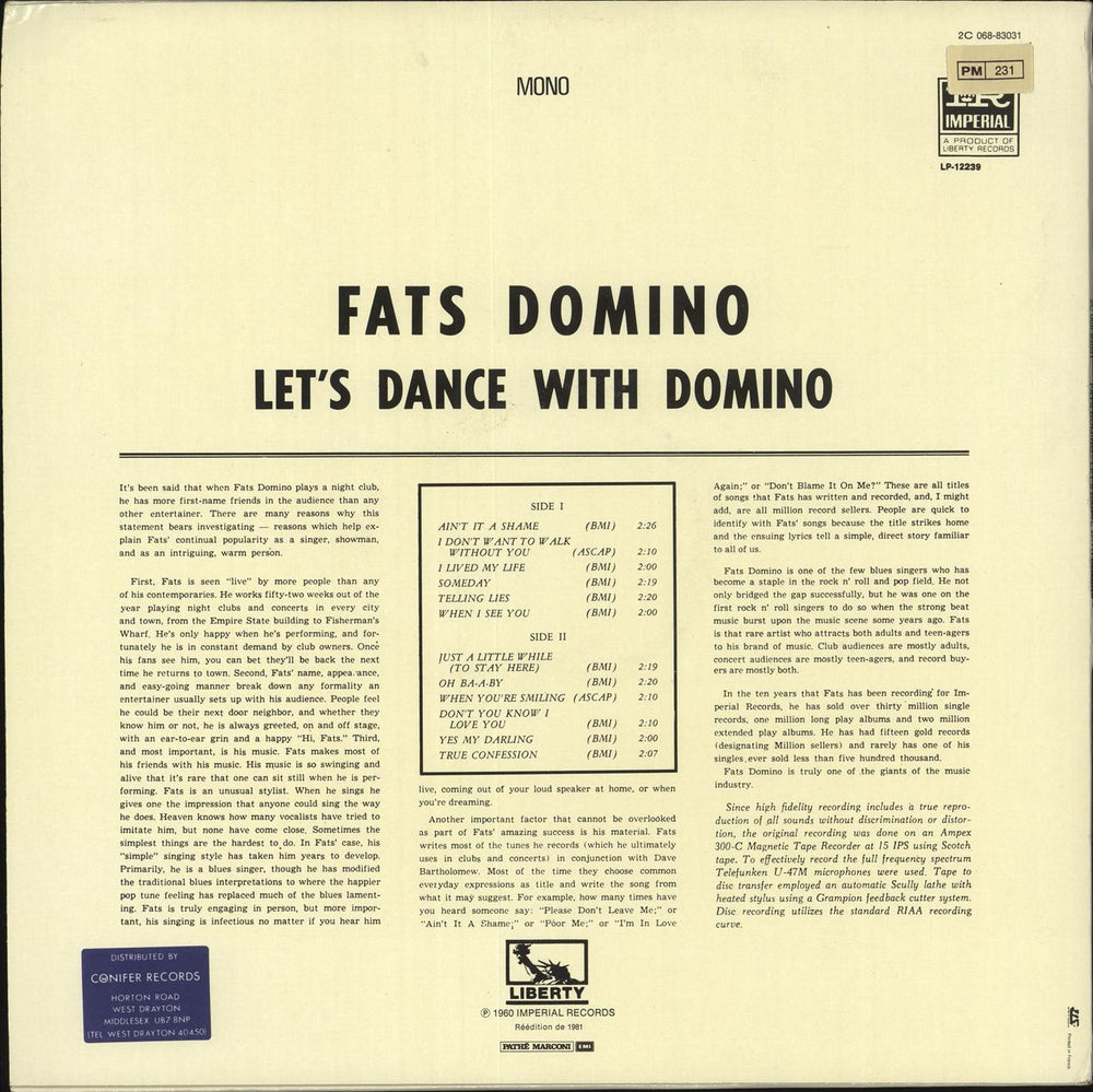 Fats Domino Let's Dance With Domino - MONO French vinyl LP album (LP record)