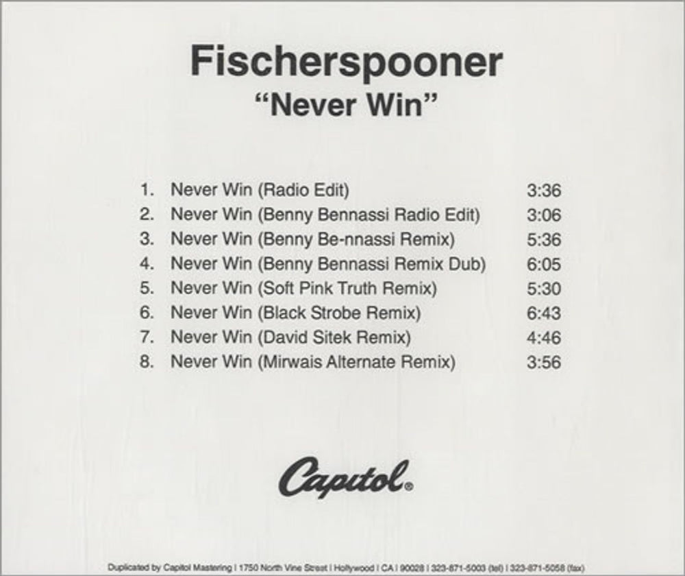 Fischerspooner Never Win UK Promo CD-R acetate FHPCRNE385733