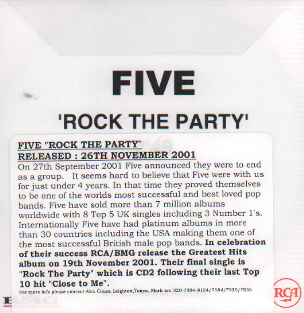 Five Rock The Party UK Promo CD-R acetate FVECRRO650150