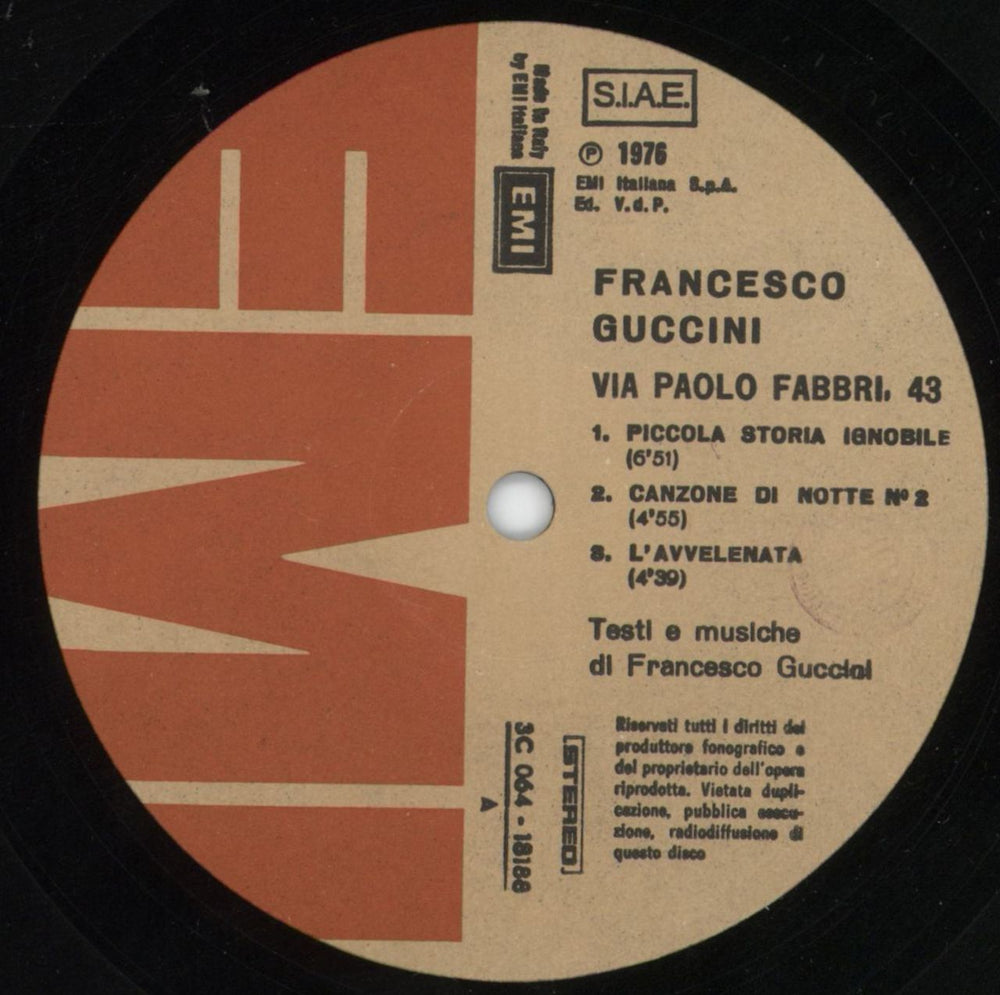 Francesco Guccini Via Paolo Fabbri 43 Italian vinyl LP album (LP record) 41BLPVI809294