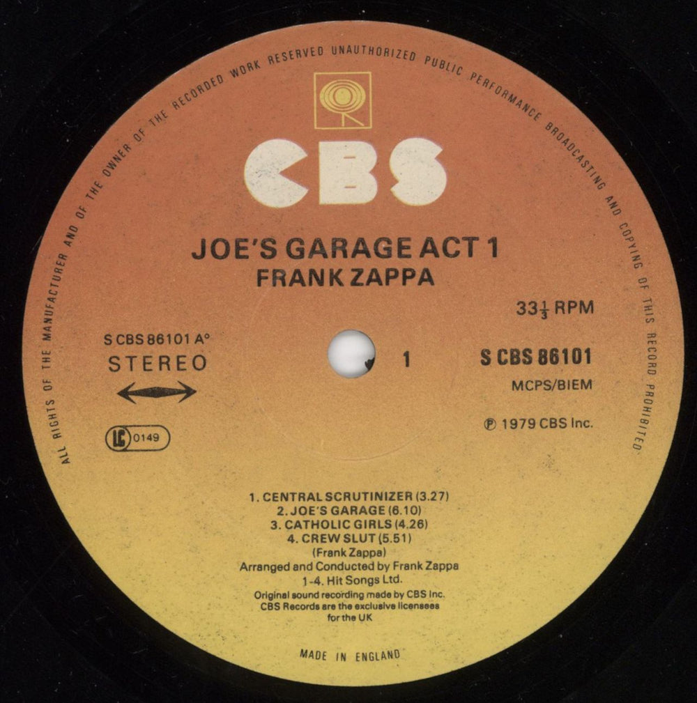 Frank Zappa Joe's Garage Act I - promo stamped UK vinyl LP album (LP record) ZAPLPJO796076