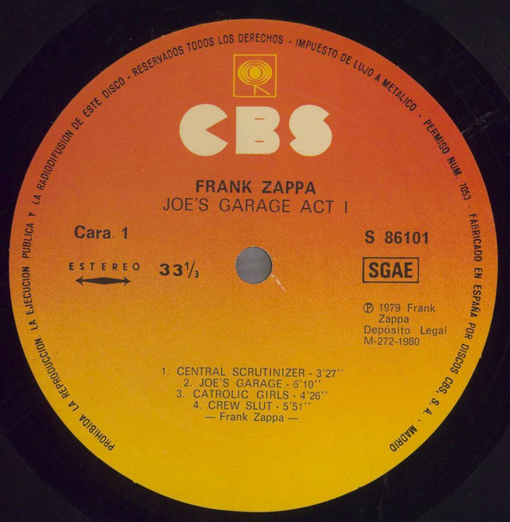Frank Zappa Joe's Garage Act I Spanish vinyl LP album (LP record) ZAPLPJO819352