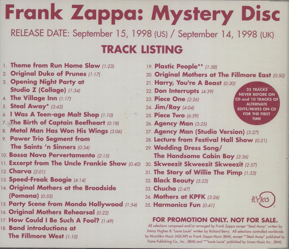 Frank Zappa Mystery Disc US Promo CD album (CDLP) ZAPCDMY117606