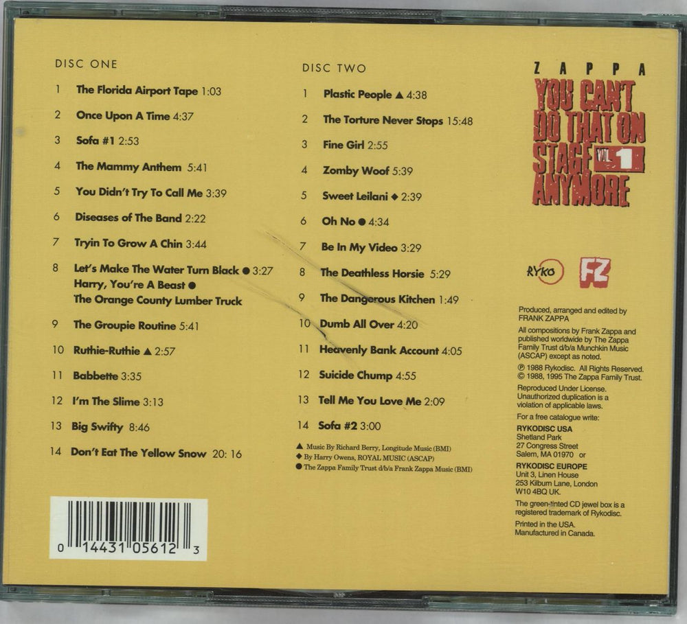 Frank Zappa You Can't Do That On Stage Anymore Vol. 1 US 2 CD album set (Double CD) ZAP2CYO297190