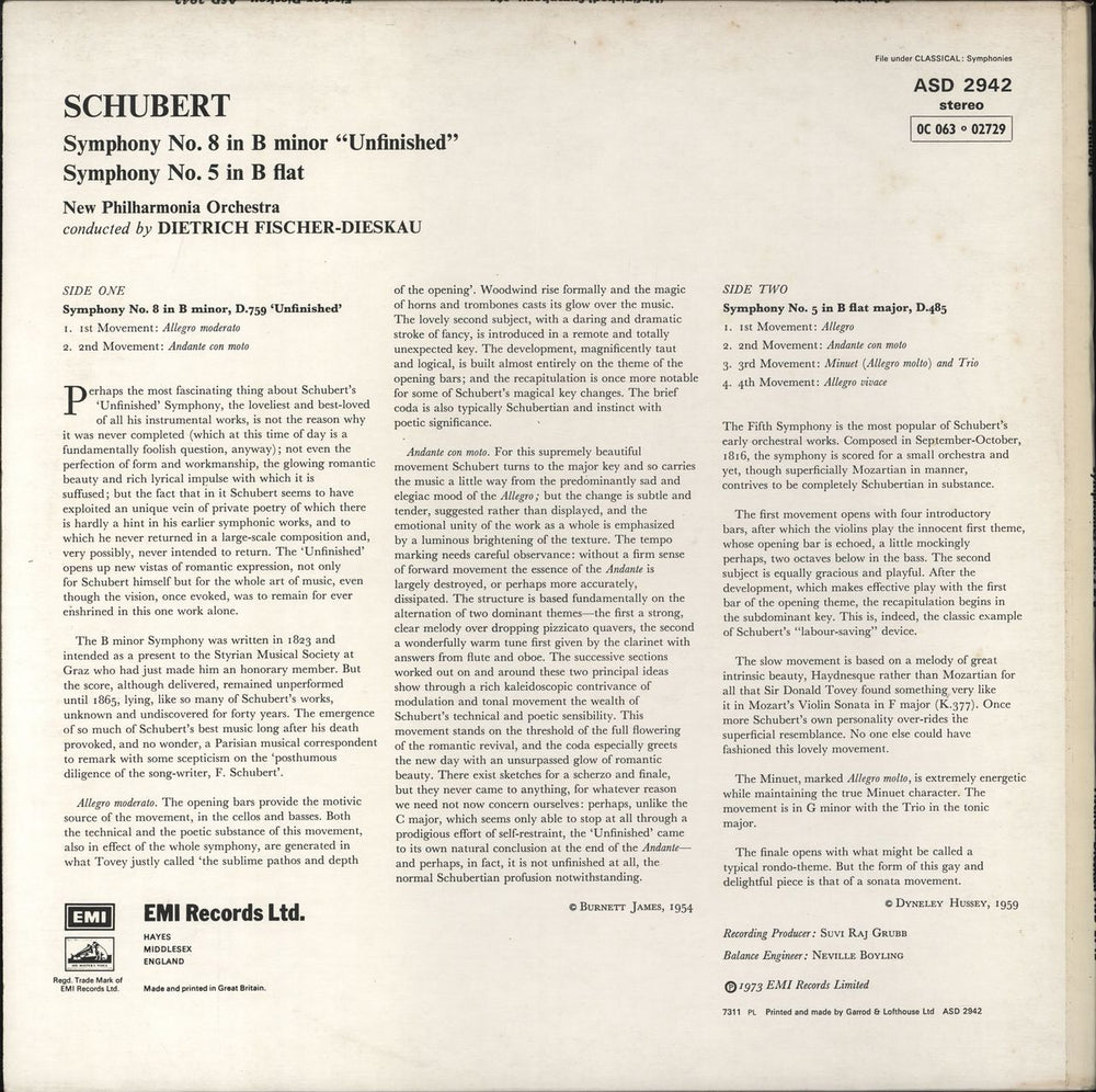 Franz Schubert Symphony No. 8 In B Minor ('Unfinished') & Symphony No. 5 In B Flat UK vinyl LP album (LP record)