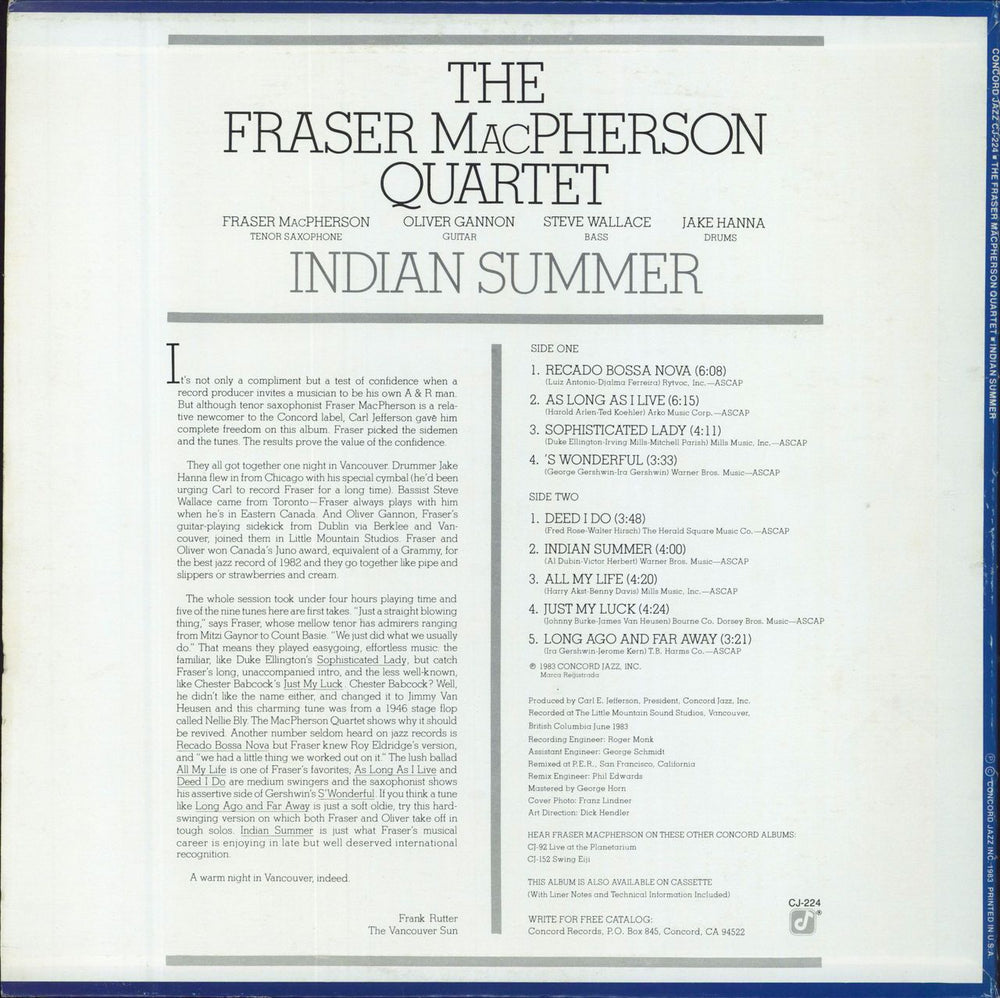 Fraser MacPherson Indian Summer US vinyl LP album (LP record)