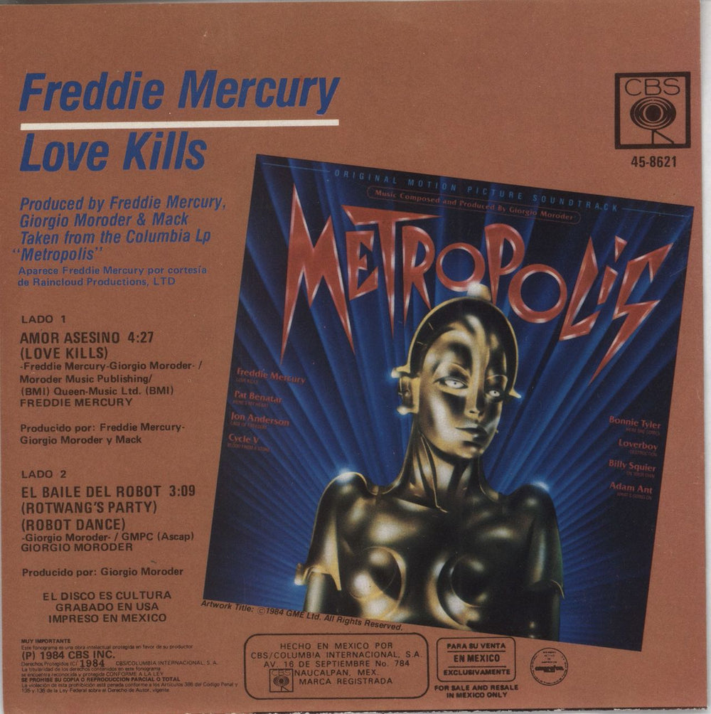 Freddie Mercury Love Kills Mexican 7" vinyl single (7 inch record / 45)