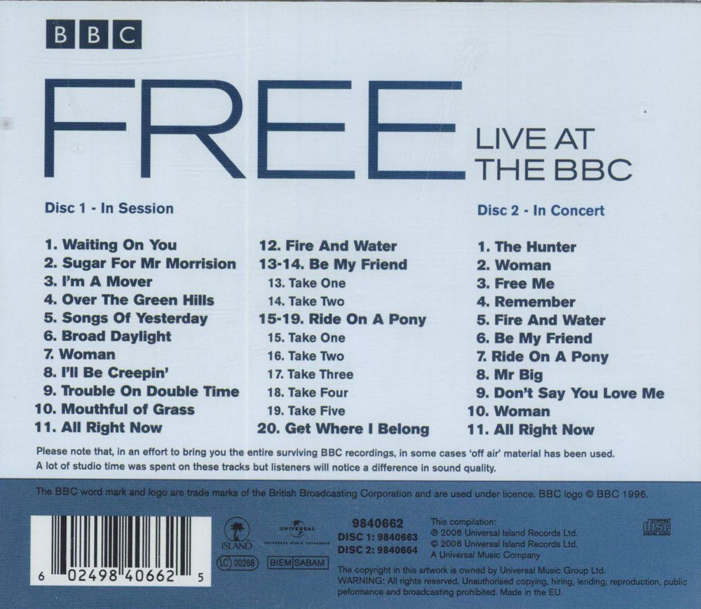 Free Live At The BBC UK 2 CD album set (Double CD) 602498406625