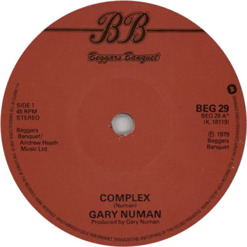 Gary Numan Complex UK 7" vinyl single (7 inch record / 45) BEG29