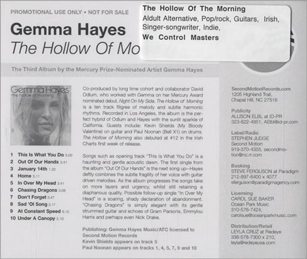 Gemma Hayes The Hollow Of Morning US Promo CD album (CDLP) GHYCDTH447208