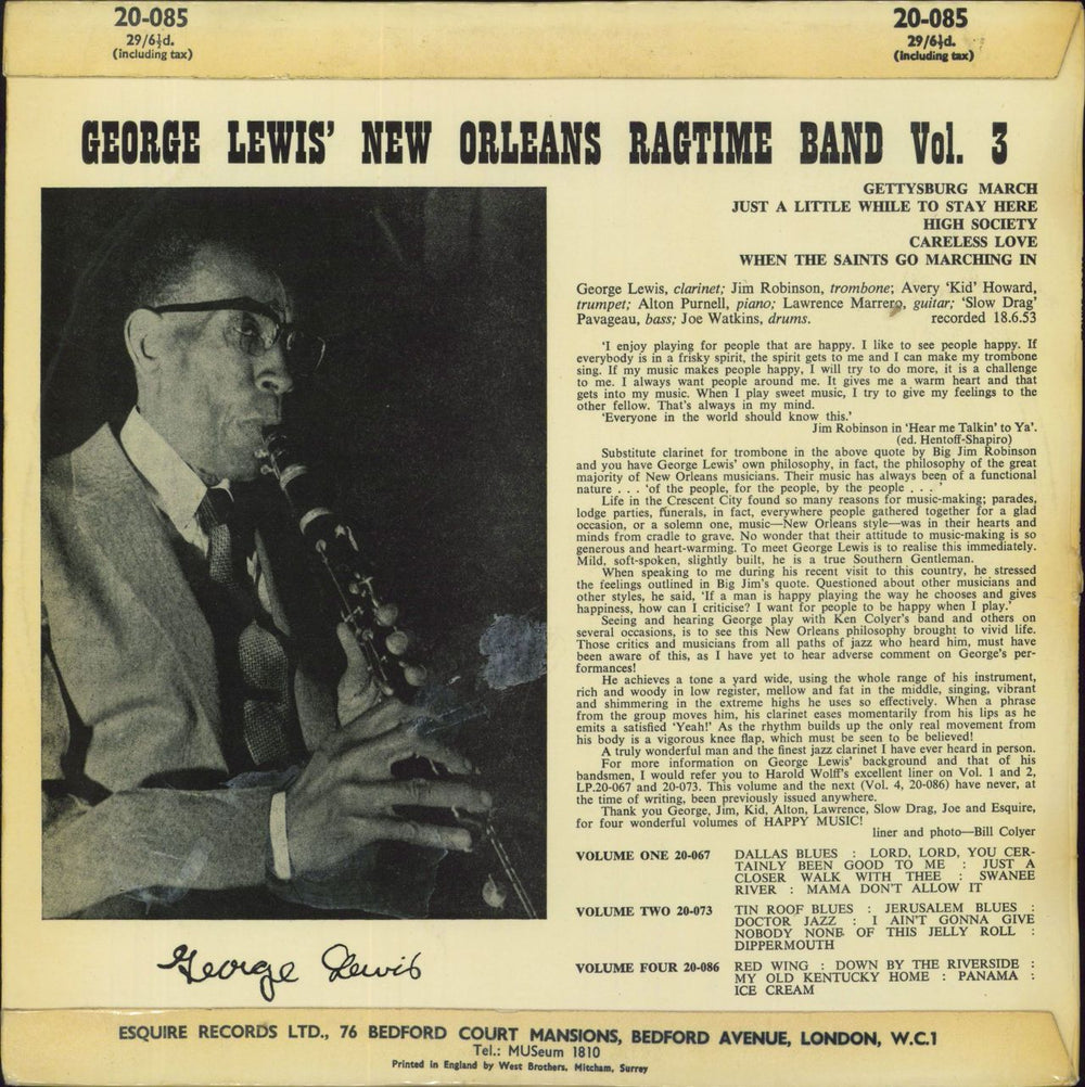 George Lewis New Orleans Ragtime Band Volume Three UK 10" vinyl single (10 inch record)