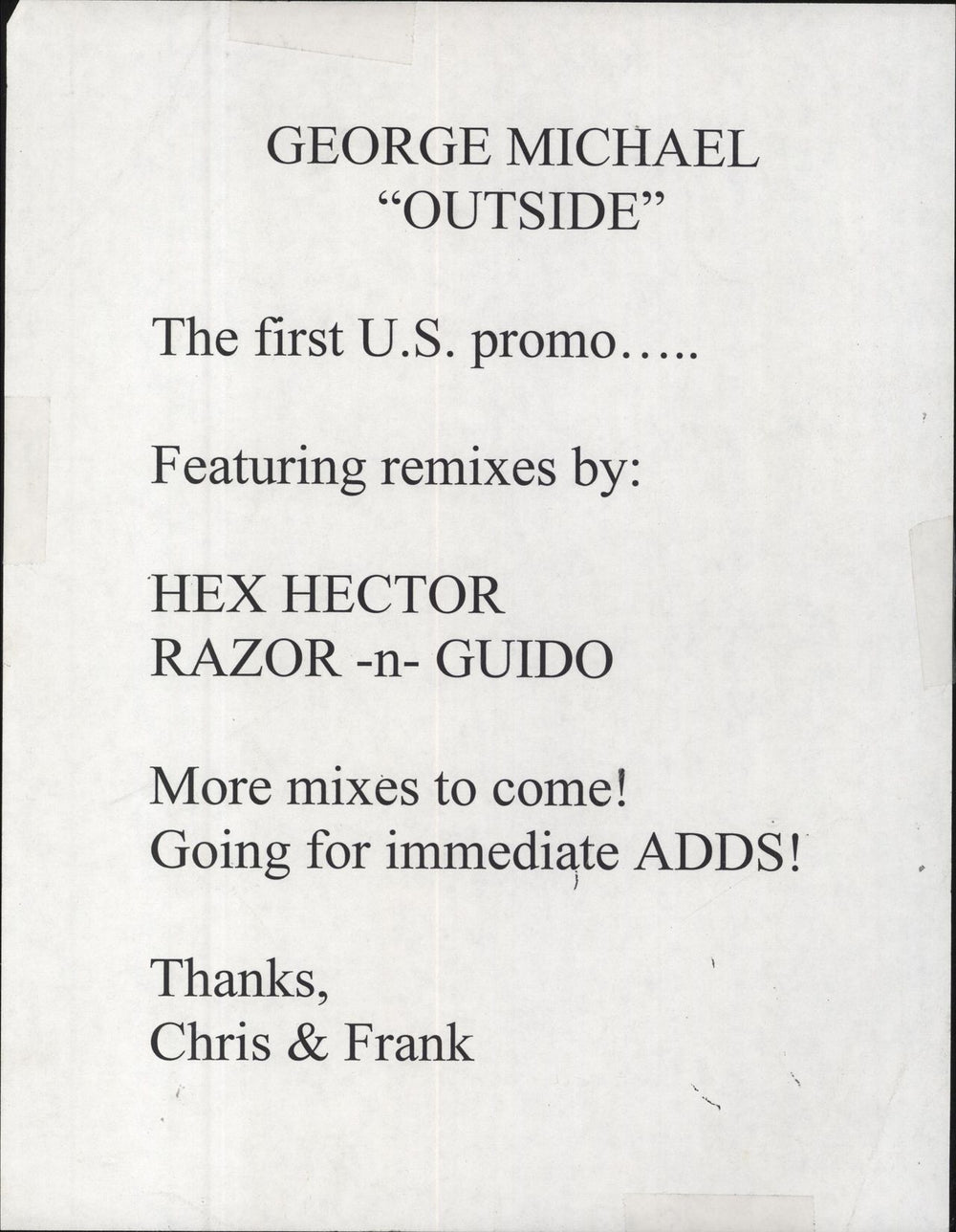 George Michael Outside - Test Pressing US Promo 12" vinyl single (12 inch record / Maxi-single)