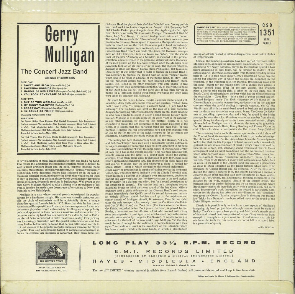 Gerry Mulligan The Concert Jazz Band UK vinyl LP album (LP record)