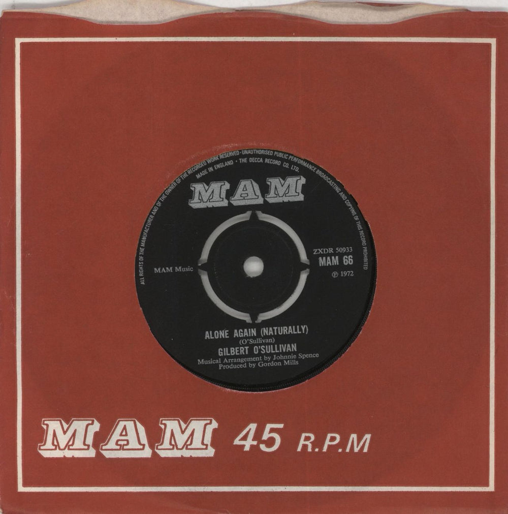 Gilbert O'Sullivan Alone Again (Naturally) UK 7" vinyl single (7 inch record / 45) MAM66
