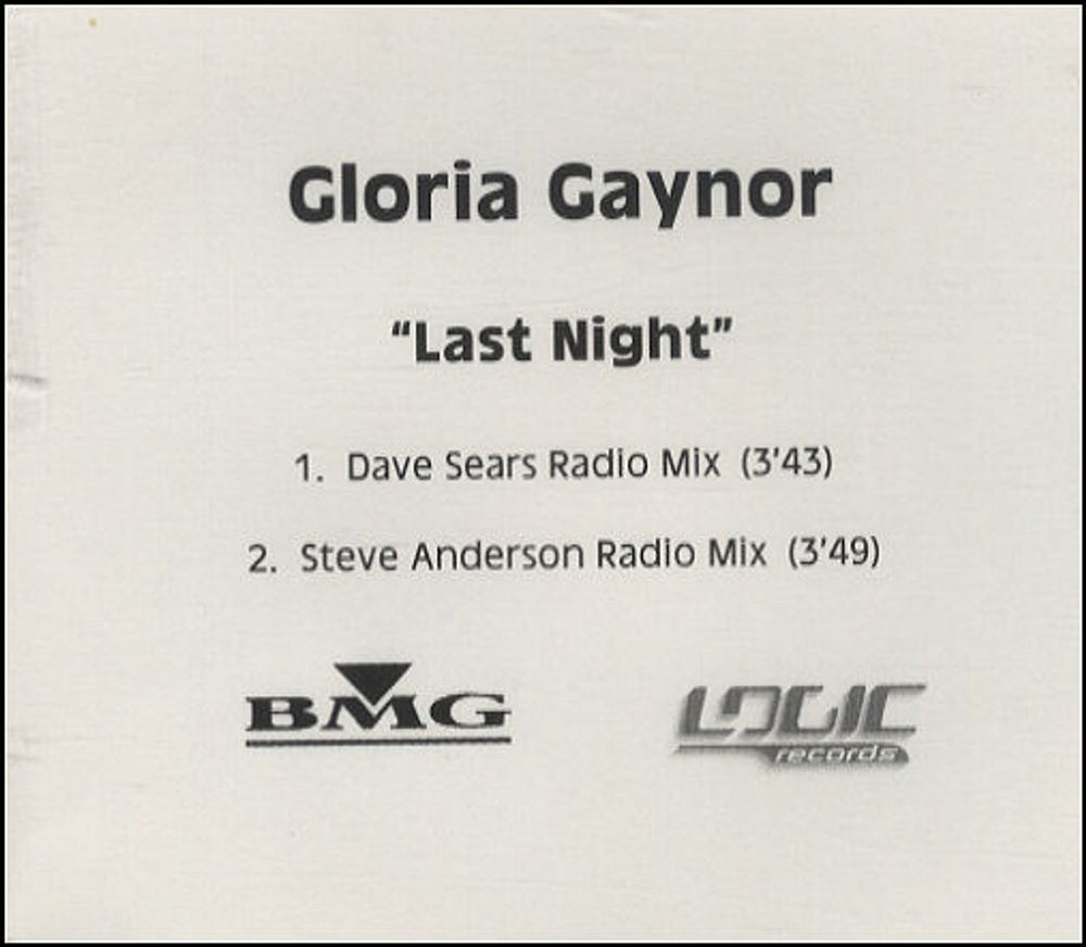 Gloria Gaynor Last Night UK Promo CD-R acetate CDR ACETATE