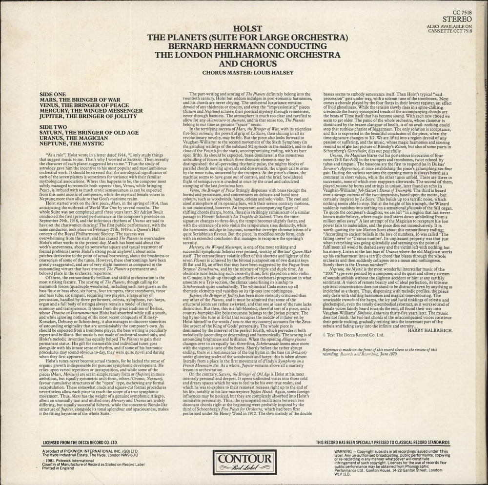 Gustav Holst The Planets (Suite For Large Orchestra) UK vinyl LP album (LP record)